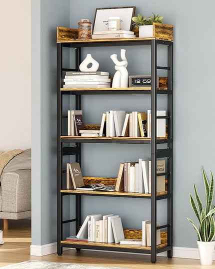 Aquzee Bookshelf, 66" H 5-Tiers Heavy Duty Industrial Shelving Wood & Metal Bookcase, Rustic and Black Tall Shelf Units for Home, Office, Living Room - LeafyLoom