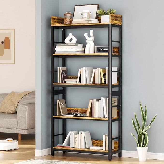 Aquzee Bookshelf, 66" H 5-Tiers Heavy Duty Industrial Shelving Wood & Metal Bookcase, Rustic and Black Tall Shelf Units for Home, Office, Living Room - LeafyLoom