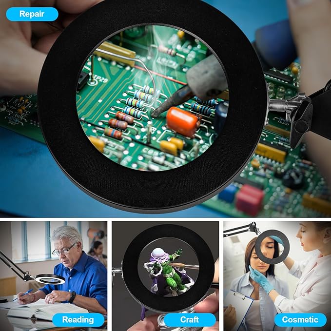 10X Magnifying Glass with Light, Flexible Arm Magnifier Lamp, 3 Color Modes & Stepless Dimming Magnifying Lamp with Clamp, Hands Free Lighted Magnifying Glass for Hobby Craft Workbench-Black - LeafyLoom