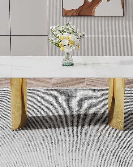 NicBex Modern Minimalist Dining Table The White Imitation Marble Glass Desktop is Equipped with Golden Metal Legs Suitable for Restaurants and Living Rooms, White - LeafyLoom