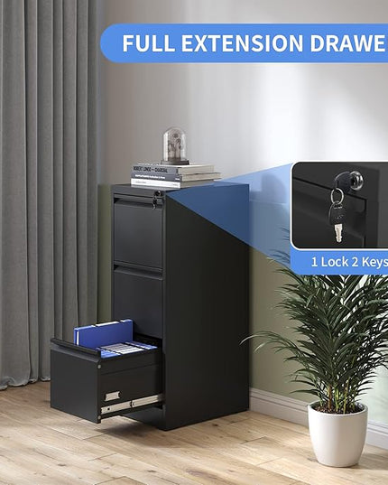 Vertical File Cabinet with Drawers, 3 Drawer File Cabinet for Home Office, Locking File Cabinet Hanging Files for A4/ Legal/Letter, Black - LeafyLoom