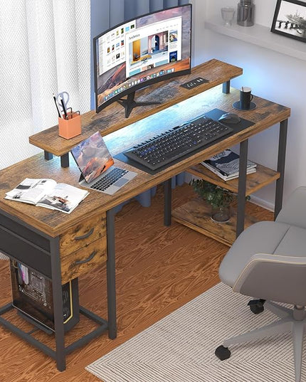 Computer Desk with Drawer and Power Outlets, Gaming Desk with LED Light, Work Desk with Shelves and PC Stand for Home Office (Rustic Brown) - LeafyLoom