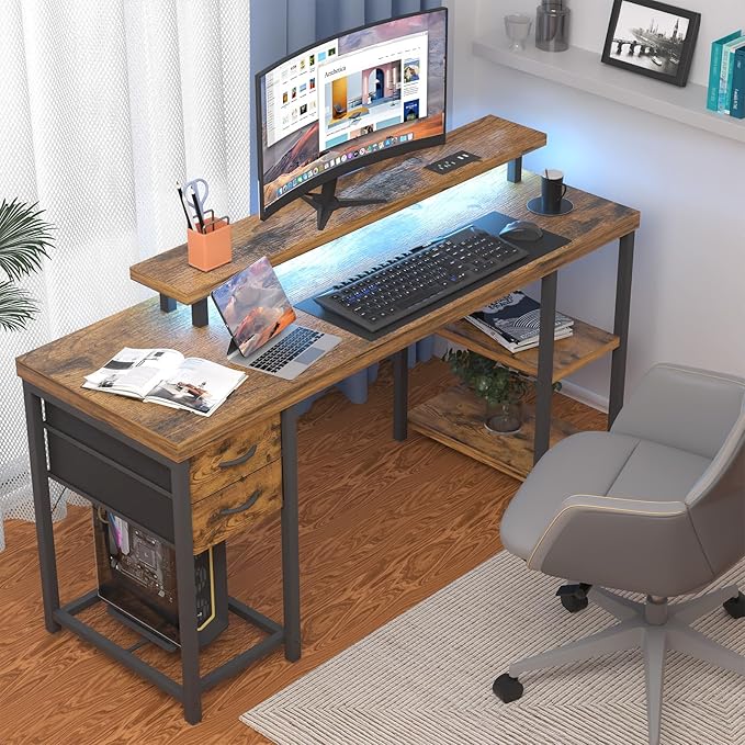 Computer Desk with Drawer and Power Outlets, Gaming Desk with LED Light, Work Desk with Shelves and PC Stand for Home Office (Rustic Brown) - LeafyLoom