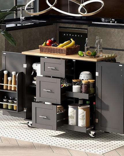 Kitchen Island with Storage, Spice Rack & Tower Rack, Mobile Rolling Kitchen-Cart on Wheels w/Rubber Wood Top, 3 Drawer, 2 Slide-Out Shelf and Internal Storage Rack - LeafyLoom