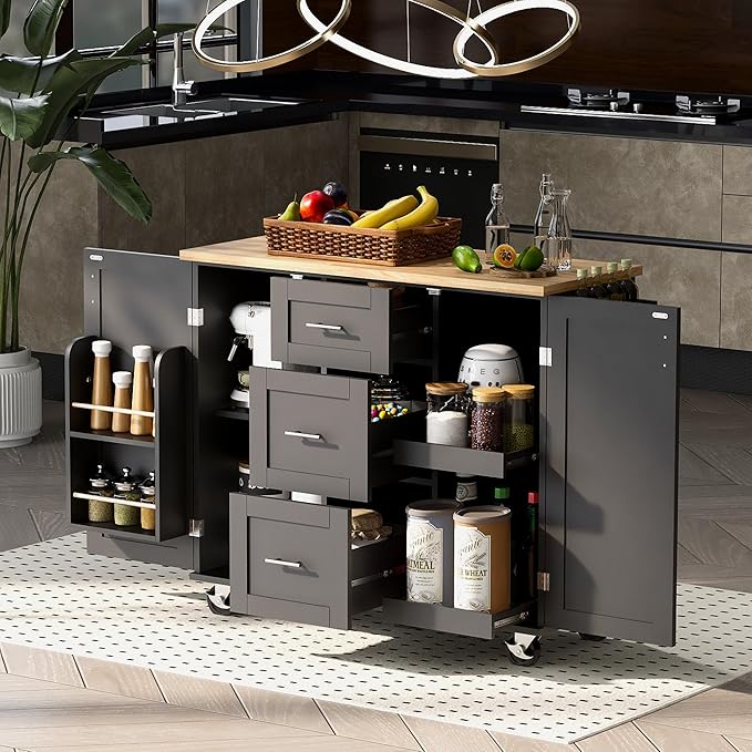 Kitchen Island with Storage, Spice Rack & Tower Rack, Mobile Rolling Kitchen-Cart on Wheels w/Rubber Wood Top, 3 Drawer, 2 Slide-Out Shelf and Internal Storage Rack - LeafyLoom