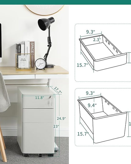 YITAHOME 3-Drawer Metal Filing Cabinet Office Drawers with Keys, Compact Slim Portable File Cabinet, Pre-Built Office Storage Cabinet for A4/Letter/Legal (Gray and White) - LeafyLoom