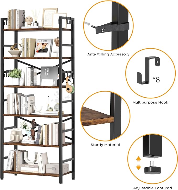 6 Tier Bookshelf, Industrial Bookcase with 8 Hooks, Vintage Storage Rack with Open Shelves, Rustic Standing Bookshelves Metal Frame Display Rack for Living Room, Bedroom, Rustic Brown - LeafyLoom