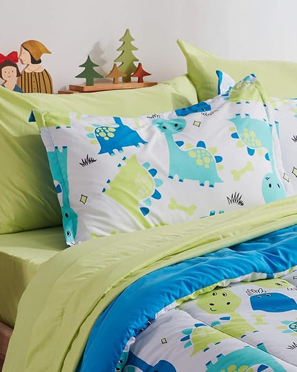 SLEEP ZONE Kids Bedding Comforter Set Full/Queen Size - Super Cute & Soft Kids Bedding 7 Pieces Set with Comforter, Sheet, Pillowcase & Sham (Cute Dino) - LeafyLoom