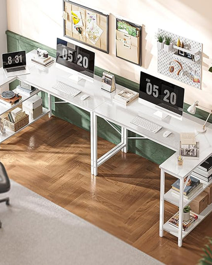 L Shaped Desk, 47 Inches Computer Desk with Reversible Storage Shelves, Gaming Desk, Corner Desk Home Office Desks, Writing Desk Study Desk with Metal Frame, White - LeafyLoom
