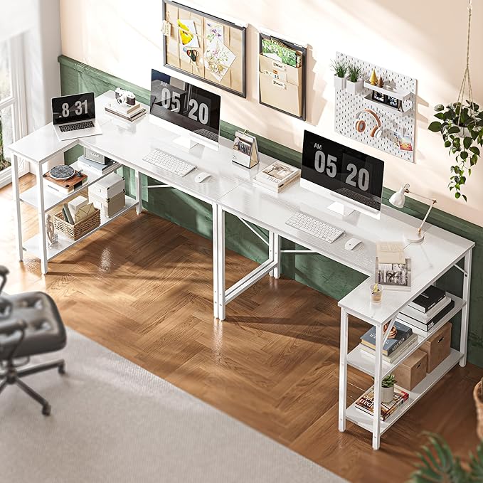 L Shaped Desk, 47 Inches Computer Desk with Reversible Storage Shelves, Gaming Desk, Corner Desk Home Office Desks, Writing Desk Study Desk with Metal Frame, White - LeafyLoom