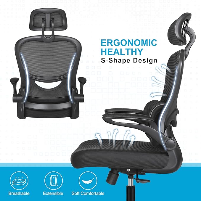 Misolant Ergonomic Office Chair, Desk Chair with Lumbar Support, Mesh Office Chair, Ergonomic Chair with Adjustable Headrest and Armrest,Comfortable Office Chair for Home（Black） - LeafyLoom