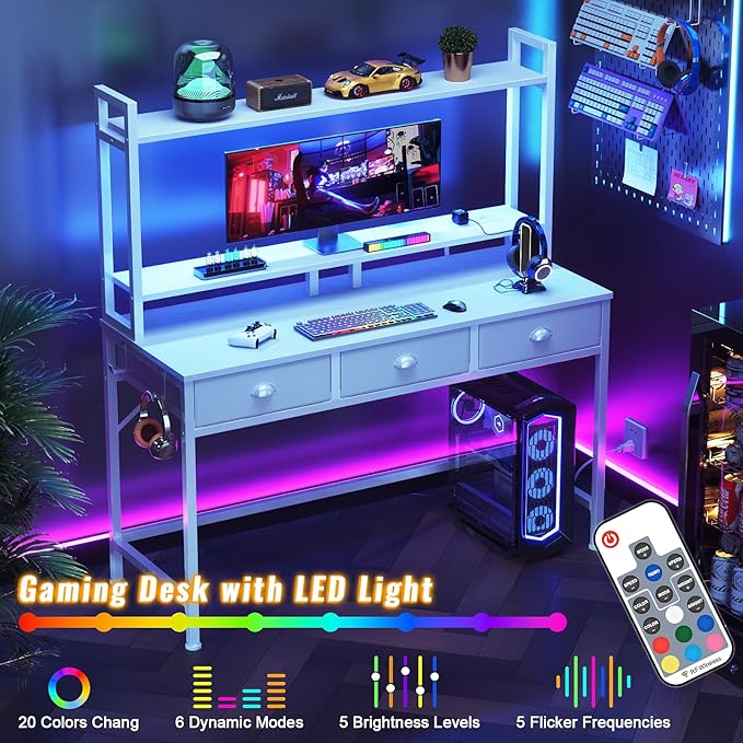 Furologee White Gaming Desk with Power Outlet and LED Light, 47" Computer Desk with 3 Fabric Drawers, Home Office Desk with Monitor Stand and Hutch for Small Space Working, Study Table with Shelf - LeafyLoom