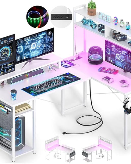 Small L Shaped Desk Gaming Desk with Power Outlets, 48" Reversible L Shaped LED Computer Desk with Monitor Stand & Storage Shelf, Corner Gamer Desk Home Office Desk with Storage Bag, White - LeafyLoom