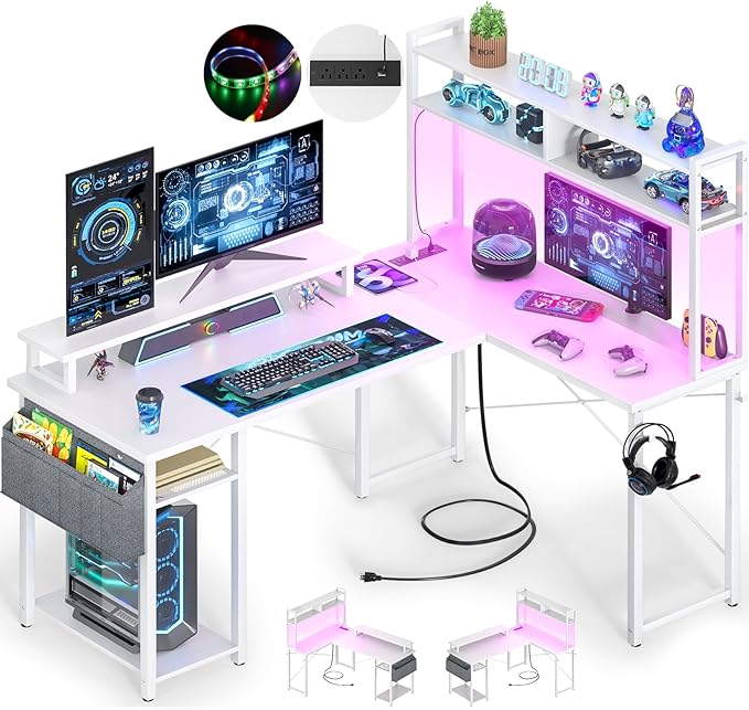 Small L Shaped Desk Gaming Desk with Power Outlets, 48" Reversible L Shaped LED Computer Desk with Monitor Stand & Storage Shelf, Corner Gamer Desk Home Office Desk with Storage Bag, White - LeafyLoom