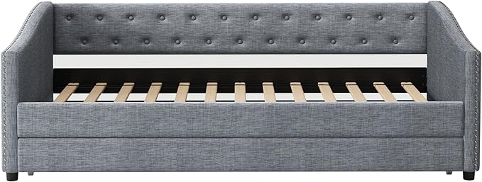 Twin Size Daybed with Trundle, Linen Upholstered Tufted Sofa Day Bed Frame with Button, Waved Shape Arms & Nailhead, Wooden Slats Support for Apartment,Bedroom, Light Grey - LeafyLoom