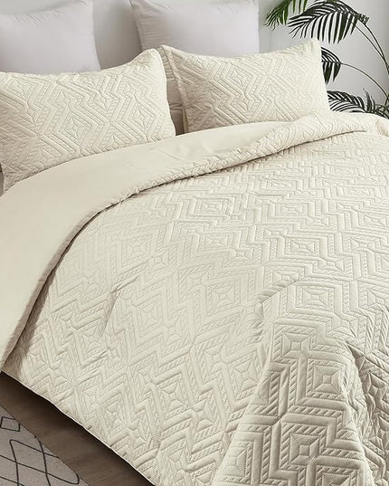 WONGS BEDDING Beige Comforter Set King Size(104"×90"), Reversible Boho Geometric Textured Bedding Comforter Sets - 3 Pieces Soft Microfiber Ultrasonic Bedding with 2 Pillow Cases - LeafyLoom