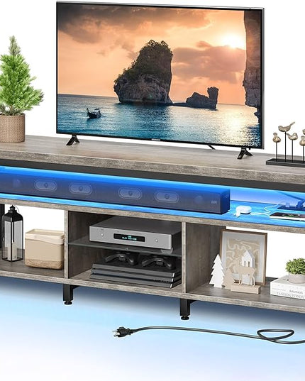 YITAHOME LED Television Stands w/Power Outlets for 70/65 inch, Modern Industrial TV Stand, Entertainment Center w/Open Storage TV Table, Entertainment Center for 360lbs for Living Room, Gray - LeafyLoom