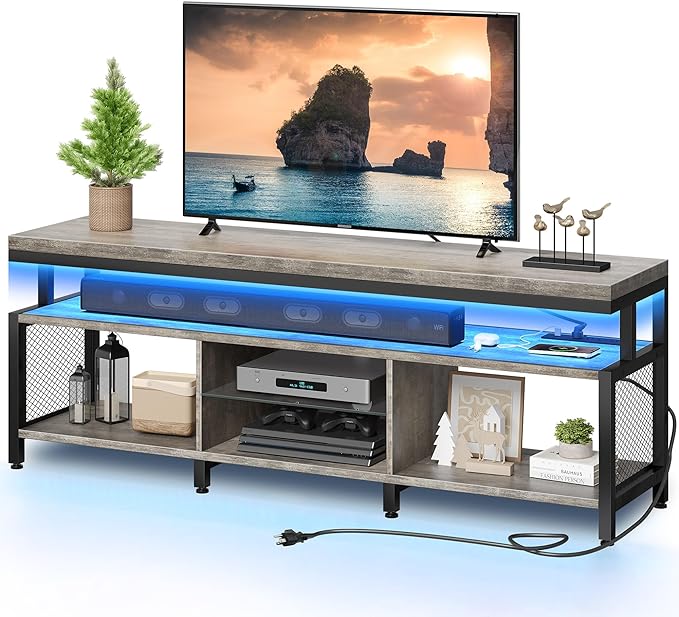 YITAHOME LED Television Stands w/Power Outlets for 70/65 inch, Modern Industrial TV Stand, Entertainment Center w/Open Storage TV Table, Entertainment Center for 360lbs for Living Room, Gray - LeafyLoom