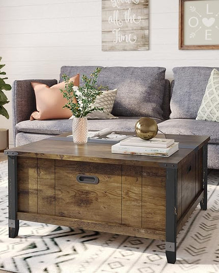 Bestier Farmhouse Coffee Table, Square Wood Center Table with Large Hidden Storage Compartment for Living Room, Rustic Cocktail Table with Hinged Lift Top for Home,Rustic Brown - LeafyLoom