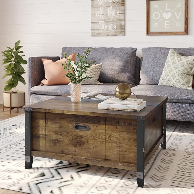 Bestier Farmhouse Coffee Table, Square Wood Center Table with Large Hidden Storage Compartment for Living Room, Rustic Cocktail Table with Hinged Lift Top for Home,Rustic Brown - LeafyLoom