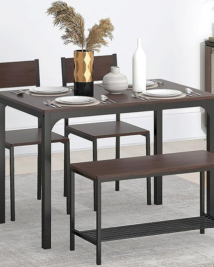 SDHYL Dining Table Set for 4, 43" Dining Room Table with Two Chairs and One Bench, 4 Pieces Set Table Top with Metal Legs in Living Room, Dining Room, Space Saving Kitchen Table Set, Walnut - LeafyLoom