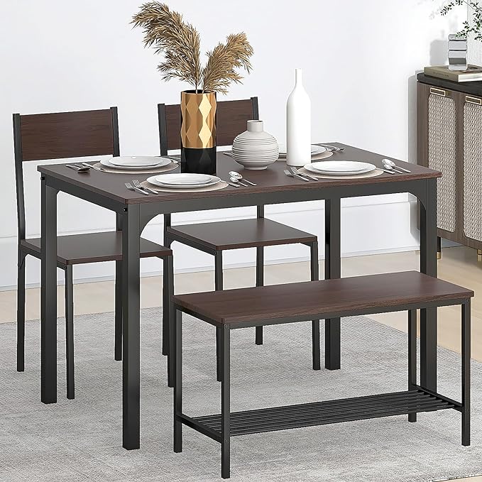 SDHYL Dining Table Set for 4, 43" Dining Room Table with Two Chairs and One Bench, 4 Pieces Set Table Top with Metal Legs in Living Room, Dining Room, Space Saving Kitchen Table Set, Walnut - LeafyLoom
