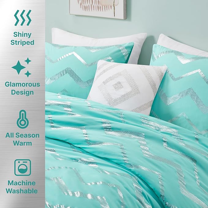Codi Metallic Teal and Silver Comforter Set, Twin/Twin-XL Size, Cute Aqua Turquoise Bedding Sets, 3 Piece (1 Matching Sham + 1 Decorative Pillow) - LeafyLoom