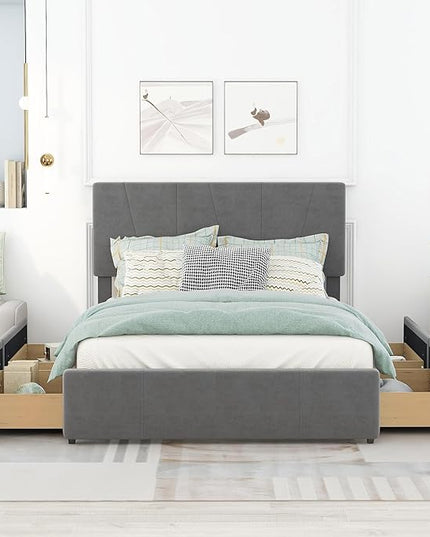 Full Size Upholstery Platform Bed with 4 Storage Drawers on Two Sides, Adjustable Velvet Headboard and Footboard, No Box Spring Needed, Gray - LeafyLoom