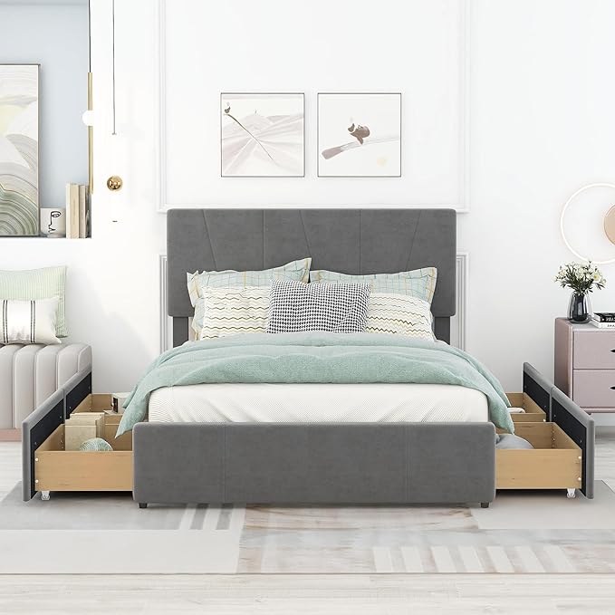 Full Size Upholstery Platform Bed with 4 Storage Drawers on Two Sides, Adjustable Velvet Headboard and Footboard, No Box Spring Needed, Gray - LeafyLoom