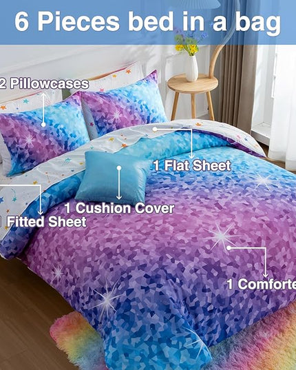 A Nice Night 6Pcs Gradient Abstract Art Grid Mosaic Geometric Bedding Set for Girls, Colorful Rainbow Galaxy Comforter Set, Ultra Soft Bedding Sets (PinkBlue,Twin 6Pcs) - LeafyLoom