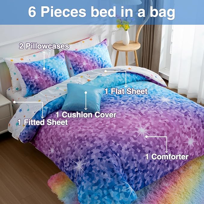A Nice Night 6Pcs Gradient Abstract Art Grid Mosaic Geometric Bedding Set for Girls, Colorful Rainbow Galaxy Comforter Set, Ultra Soft Bedding Sets (PinkBlue,Twin 6Pcs) - LeafyLoom