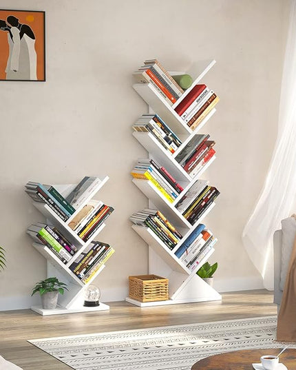 Topfurny Tree Bookshelf, 9-Tier Shelf Rustic Brown Bookcase, Retro Wood Storage Rack for CDs/Movies/Books, Anti-Fall Utility Organizer Shelves for Living Room, Bedroom, Home Office, White - LeafyLoom