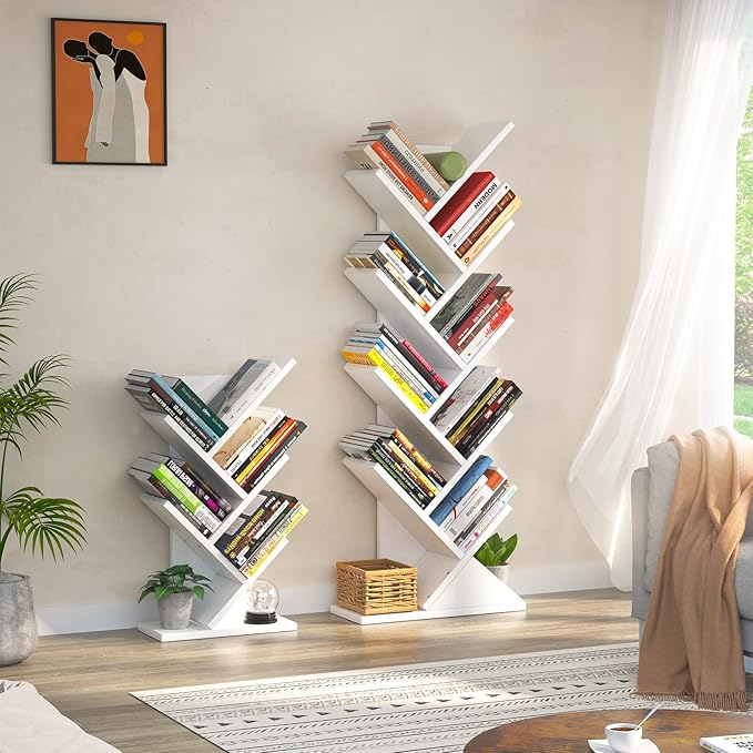 Topfurny Tree Bookshelf, 9-Tier Shelf Rustic Brown Bookcase, Retro Wood Storage Rack for CDs/Movies/Books, Anti-Fall Utility Organizer Shelves for Living Room, Bedroom, Home Office, White - LeafyLoom