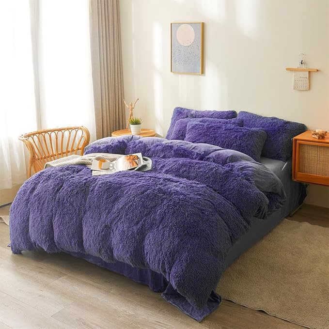 Fluffy navy blue comforters Cover twin size - Ultra Soft Plush dark blue bedding Sets 2 Pieces (1 faux fur comforter Cover + 1 fuzzy pillow case) girls shaggy navy blue twin bed set (Dark Blue, Twin) - LeafyLoom