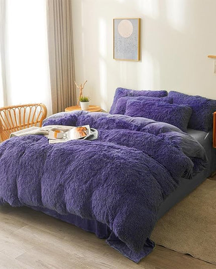 FOPPA Dark Blue fluffy Comforter Cover Set king- Ultra Soft fluffy navy blue Bedding Sets 3 Pieces (1 Duvet Cover + 2 Pillow case) navy blue fluffy bed set (Dark Blue, King) - LeafyLoom