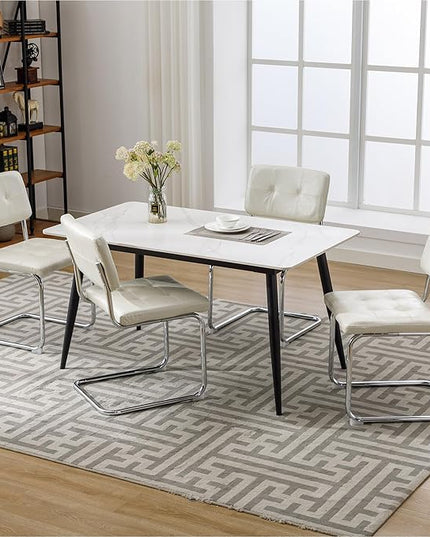 Forevich Mid Century Modern Dining Chairs Set of 4, Leather Kitchen Dining Room Side Chairs Upholstered Armless Accent Chairs with Metal Chrome Legs for Living Room, Bedroom White - LeafyLoom
