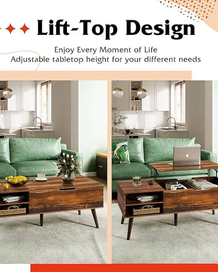 WLIVE Wood Lift Top Coffee Table with Adjustable Storage Shelf and Hidden Compartment, Lift Tabletop Dining Table for Living Room and Office, Rustic Oak - LeafyLoom