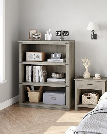 GAOMON 3 Tier Bookcase, Farmhouse Book shelf with Storage Open Display Bookshelves, 40" Low Book Case Wooden 3 Shelf Bookcase Home Decor Furniture for Home Office, Living Room, Bed Room - Grey - LeafyLoom
