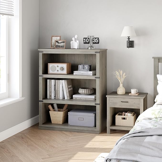 GAOMON 3 Tier Bookcase, Farmhouse Book shelf with Storage Open Display Bookshelves, 40" Low Book Case Wooden 3 Shelf Bookcase Home Decor Furniture for Home Office, Living Room, Bed Room - Grey - LeafyLoom