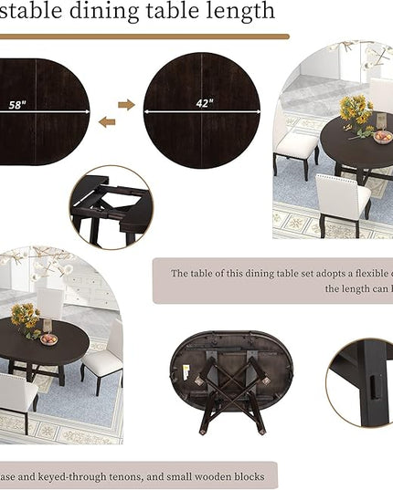 Farmhouse Round Extendable 16" Leaf Wood, Adjustable Length, Easy to Assembly, Room, Kitchen, 1 Piece Dining Table Set, Espresso 22 - LeafyLoom