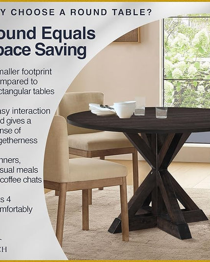 Finch Alfred Round Solid Wood Rustic Dining Table for Farmhouse Kitchen Room Decor, Wooden Trestle Pedestal Base, 46.5" Wide Circular Tabletop, Distressed Dark Brown - LeafyLoom