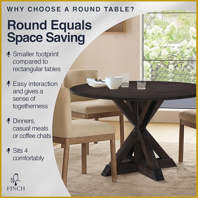 Finch Alfred Round Solid Wood Rustic Dining Table for Farmhouse Kitchen Room Decor, Wooden Trestle Pedestal Base, 46.5" Wide Circular Tabletop, Distressed Dark Brown - LeafyLoom