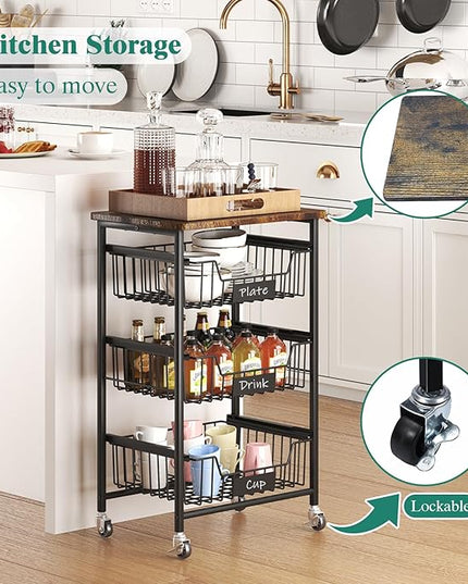 Kitchen Storage Cart with Wheels, 4-Tier Metal Utility Rolling Cart Fruit Vegetable Storage Basket Pantry Rack with Wood Top & Pull Out Baskets for Kitchen, Livingroom, Diningroom, Office - LeafyLoom