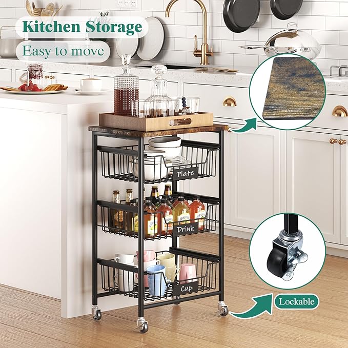 Kitchen Storage Cart with Wheels, 4-Tier Metal Utility Rolling Cart Fruit Vegetable Storage Basket Pantry Rack with Wood Top & Pull Out Baskets for Kitchen, Livingroom, Diningroom, Office - LeafyLoom