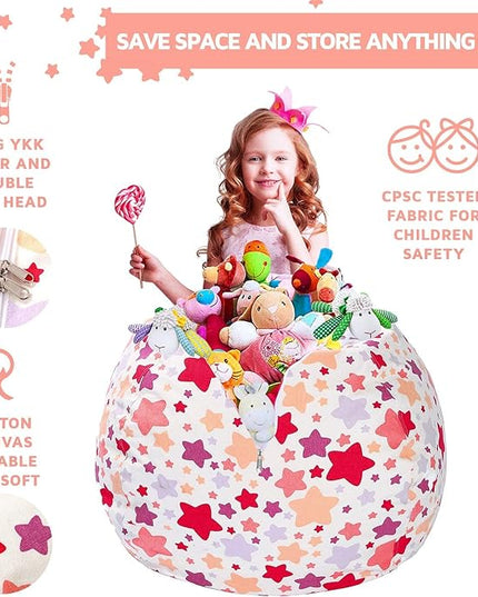 Wekapo Stuffed Animal Storage Bean Bag Chair Cover for Kids | Stuffable Zipper Beanbag for Organizing Children Plush Toys Large Premium Cotton Canvas (Large star, X-Large) - LeafyLoom