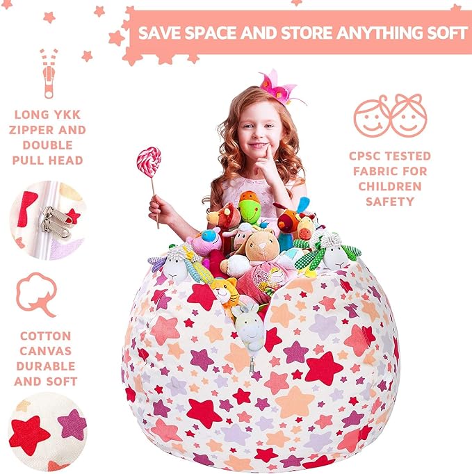 Wekapo Stuffed Animal Storage Bean Bag Chair Cover for Kids | Stuffable Zipper Beanbag for Organizing Children Plush Toys Large Premium Cotton Canvas (Large star, X-Large) - LeafyLoom