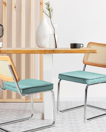 Dining Chair Set of 2, Mid-Century Modern Rattan Dining Chairs with Metal Chrome Legs, Natural Cane Backrest Upholstered for Home Kitchen，Dining Room and Patio, Aqua Blue - LeafyLoom