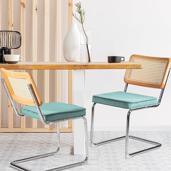 Dining Chair Set of 2, Mid-Century Modern Rattan Dining Chairs with Metal Chrome Legs, Natural Cane Backrest Upholstered for Home Kitchen，Dining Room and Patio, Aqua Blue - LeafyLoom