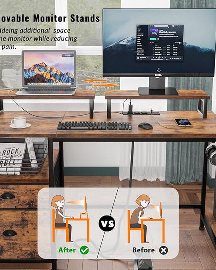 Furologee Computer Desk with Drawer and Power Outlets, 47" Office Desk with 2 Monitor Stands and Fabric File Cabinet, Writing Gaming Table with Shelves and 2 Hooks for Home Office, Rustic Brown - LeafyLoom