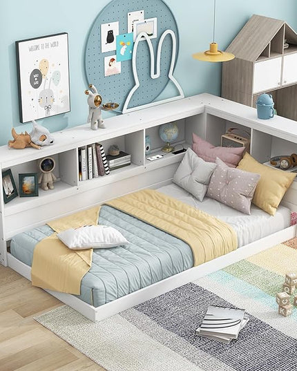 Wood Twin Size Corner Floor Bed with Storage Cabinets and USB Ports, Twin Daybed Frame with L-Shaped Bookcase Headboard for Living, Bedroom, Guest Room, White - LeafyLoom